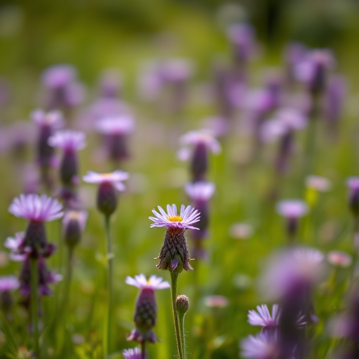vibrant field of purple flowers in full bloom with a blurred foreground, soft focus background, bright daylight, shallow depth of field, ISO 200, f/2.8, 1/500s, 50mm lens, DSLR camera, natural light photography