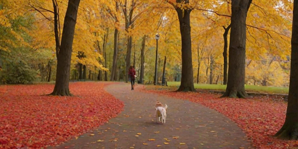 Vibrant autumn park, with leaves in shades of red, orange, and yellow scattered on the ground, a woman walks her dog along a winding path, the leash held loosely in her hand.