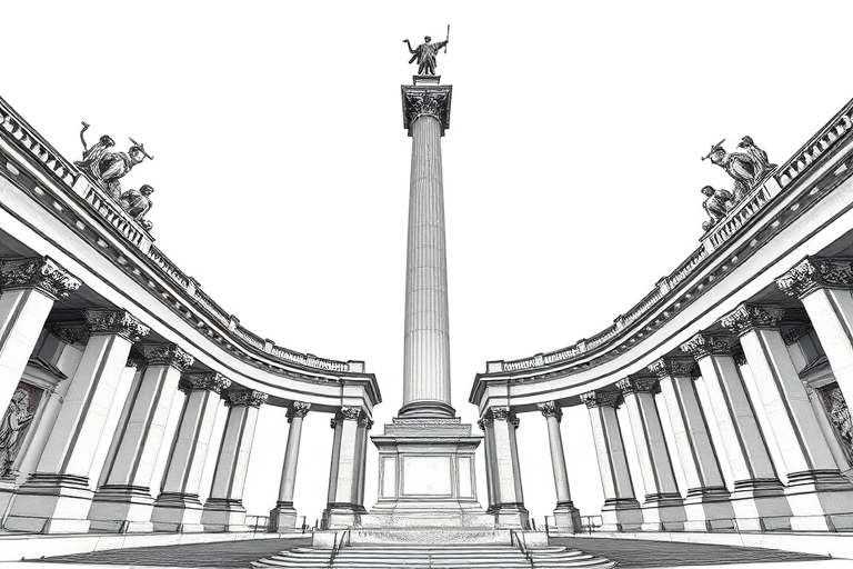 Create a high-resolution sketch of a grand monument featuring a tall column with a statue on top, flanked by ornate arches and sculptures, captured with a Canon EOS 5D Mark IV at f/8 aperture, 1/200 shutter speed, ISO 100, in a wide-angle view, focusing on the symmetry and details of the architecture.