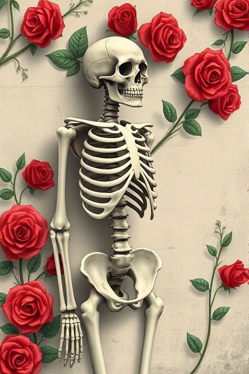 Create a detailed illustration of a skeleton leaning against a wall adorned with classic red roses, capturing intricate bone structure and floral detail using a Canon EOS R with a 50mm f/1.8 lens, aperture set to f/4, ISO 100, shot at shallow depth of field for a soft background blur.