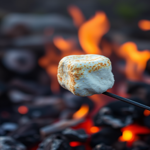 Close-up shot of a marshmallow roasting over a campfire with glowing embers visible in the background, aperture f/2.8, shutter speed 1/250 sec, ISO 400, taken with a DSLR camera using a macro lens, natural light.