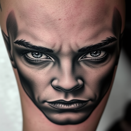 Photorealistic grayscale portrait tattoo titled "Timeless Gaze" showcasing incredible detail and shading to recreate a lifelike human face with piercing eyes and subtle facial expressions, utilizing various techniques such as stippling and cross-hatching to achieve a three-dimensional effect that seems to come alive on the skin, creating a striking and deeply personal piece of art