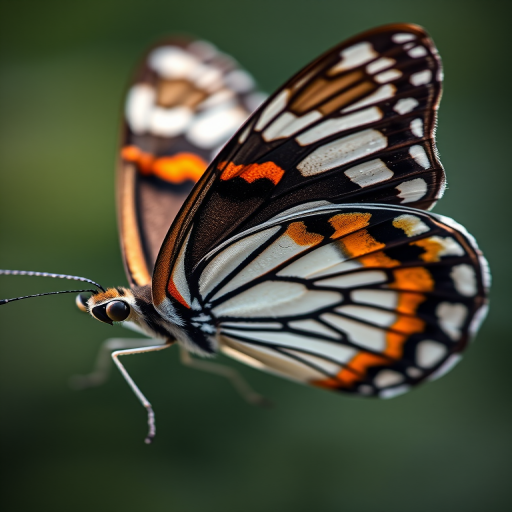 macro shot of a butterfly with intricate black and white patterns and vibrant orange accents, captured with a Canon EOS R5, 100mm f/2.8L macro lens, f/4 aperture, ISO 200, 1/200 sec exposure, soft natural lighting, focus on details and texture