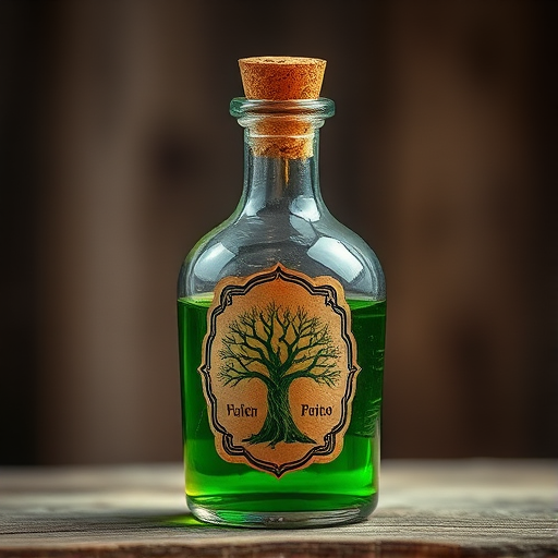 Create an illustration of a glass potion bottle with a cork stopper, filled with green liquid, featuring a label with a tree design, captured in high resolution with a macro lens, aperture f/2.8, ISO 100, natural lighting, and a soft focus background to enhance the image quality.