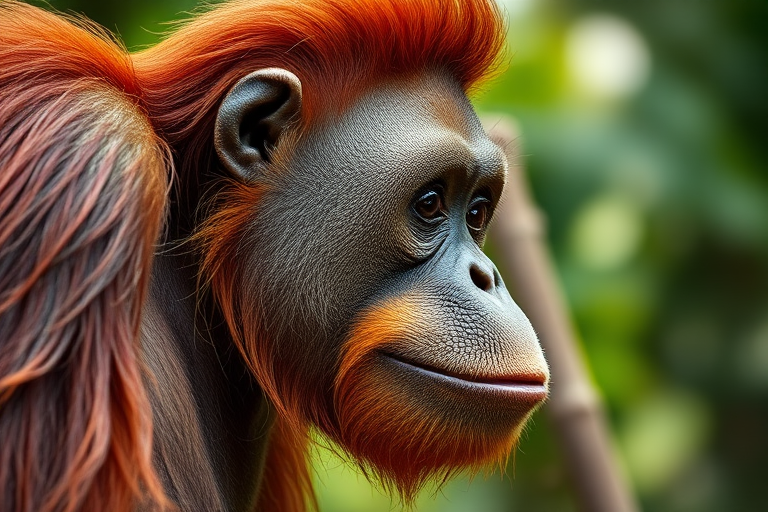capture a close-up profile of an orangutan in natural habitat, soft focus background, DSLR camera, 50mm lens, aperture f/2.8, ISO 200, 1/250s, natural light, vibrant colors, high detail