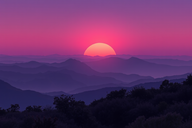 Create a serene landscape illustration featuring layered mountains in soft purple hues at sunrise, with a silhouette of dense shrubbery in the foreground; camera settings: f/8, ISO 100, 1/200s; camera view: wide-angle; camera style: HDR; camera type: digital SLR.