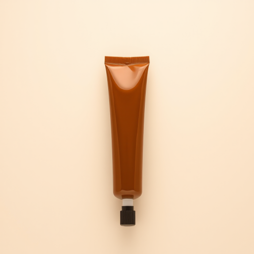 Generate an image of a glossy brown paint tube against a plain background, captured with a Canon EOS R5 at f/11, ISO 100, 1/125s, in a close-up view with soft, diffused lighting.