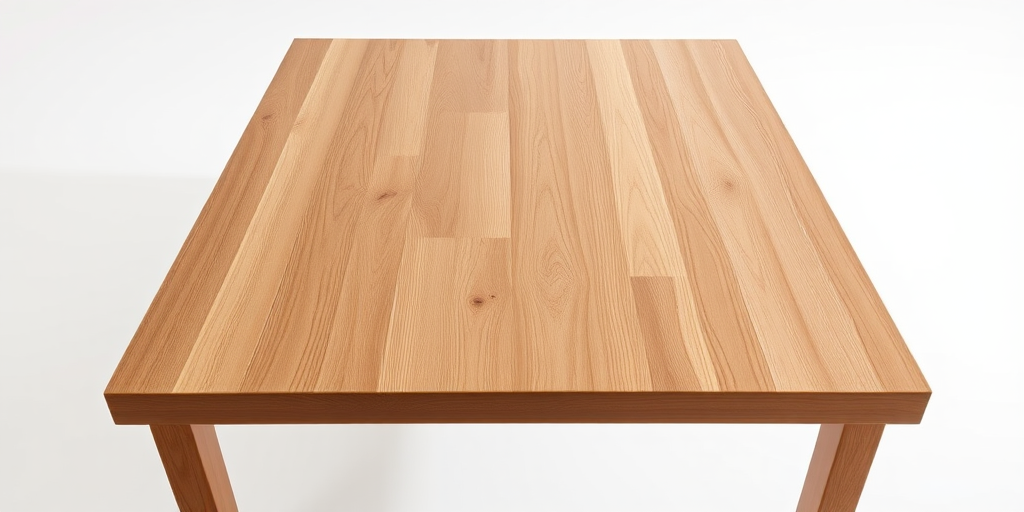 Generate a high-resolution image of a wooden dining table, featuring a natural wood finish, with soft shadowing on a white background, taken in a studio with a DSLR camera set to f/2.8 aperture, ISO 100, and 1/125 sec shutter speed, using a wide-angle lens for an artistic perspective.