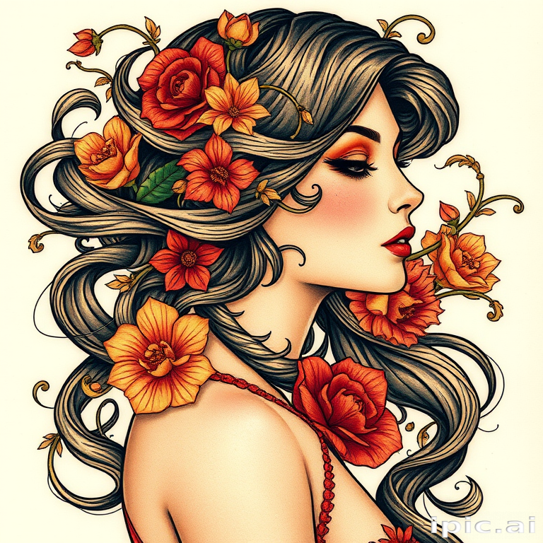 Art nouveau-inspired tattoo titled "Nouveau Nightingale" featuring an elegant woman with flowing hair intertwined with intricate floral patterns and whiplash curves, incorporating rich jewel tones and gold accents to emulate the luxurious style of the art movement
