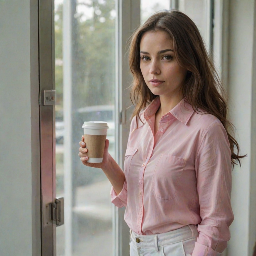 A young woman with long brown hair stands with her back against a glass door, wearing a pink button-down shirt over a white T-shirt and white pants, holding a cup of coffee in her right hand. The woman is looking directly at the viewer, her expression is neutral. Her right hand is tucked into the pocket of her pants while her left hand holds the coffee cup. The lighting is soft and natural, highlighting her features. The background is blurred, with the focus on the woman. The photo is taken from a slightly elevated perspective, showcasing the woman's full figure.