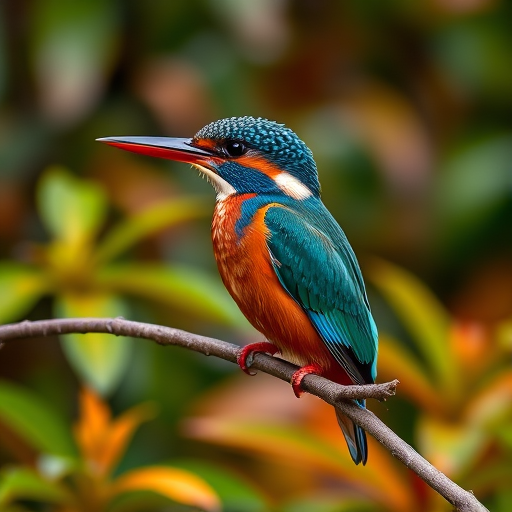 colorful kingfisher perched on a branch with vibrant foliage background, f/4, ISO 200, 1/500s, 85mm lens, shallow depth of field, natural light photography, DSLR