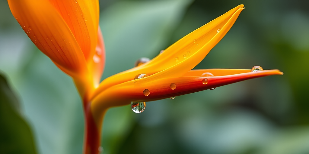 Capture a close-up of a heliconia flower with vibrant orange and yellow petals glistening with raindrops, shallow depth of field, soft bokeh background, natural light, ISO 100, f/2.8, 100mm macro lens, DSLR camera.
