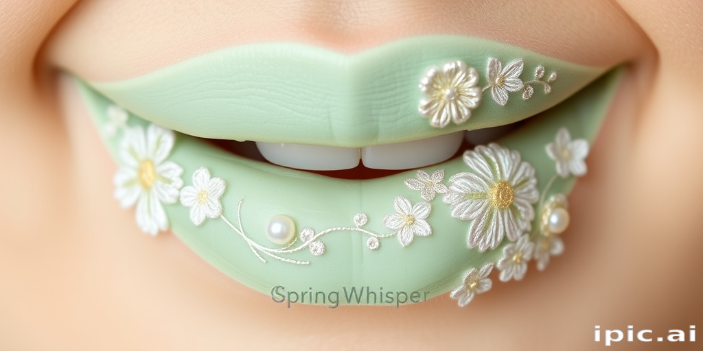 Soft mint green lips with delicate floral embroidery designs, named "Spring Whisper," feature a velvety texture and subtle pearl sheen for garden-inspired tea parties and bridal showers