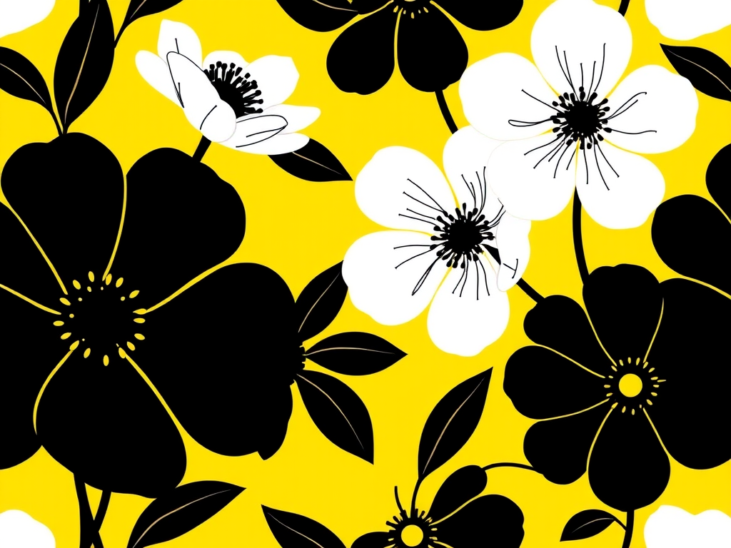 Create a seamless floral pattern with dark outlines and a vibrant yellow background featuring large stylized flowers, using a macro lens with an aperture of f/2.8, ISO 100, and a focal length of 50mm, in a digital format for high clarity and detail.