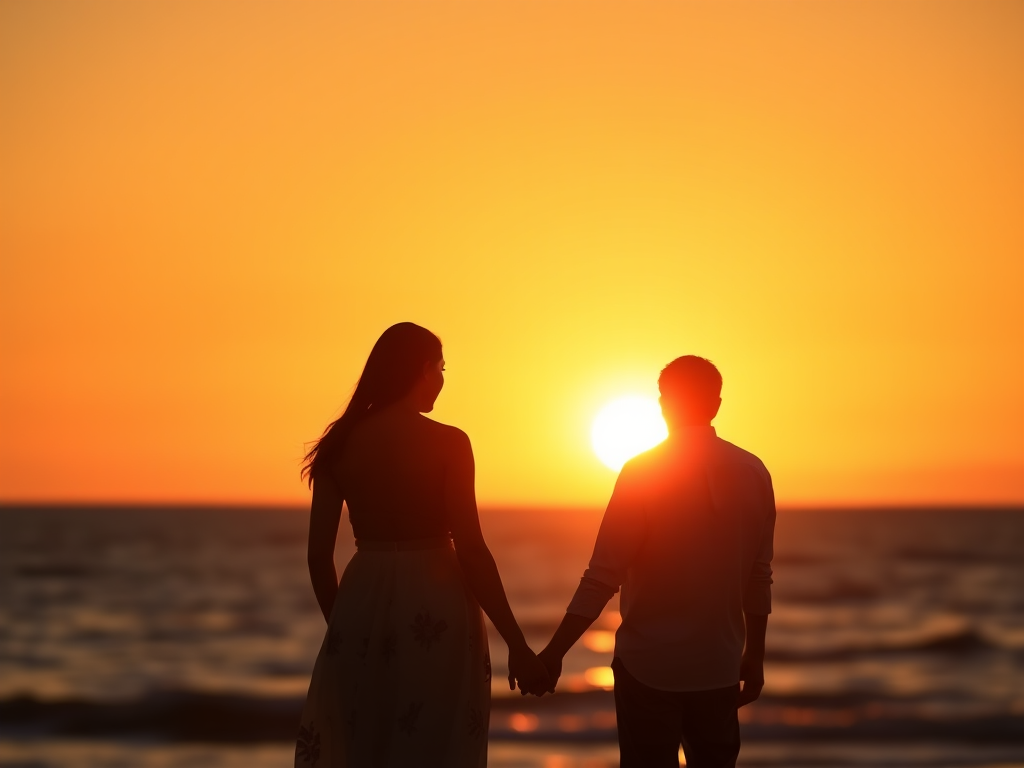 silhouette of a couple holding hands at sunset over the ocean, warm orange hues, shallow depth of field, f/2.8, ISO 100, 50mm lens, soft focus, backlighting, DSLR camera