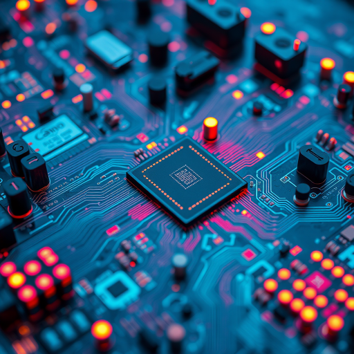 create a high-resolution aerial view of a futuristic circuit board with glowing elements, vibrant colors, and intricate details, using a Canon EOS R5, shutter speed 1/200s, aperture f/2.8, ISO 200, in a macro photography style with soft focus background, emphasizing the depth and complexity of the circuitry