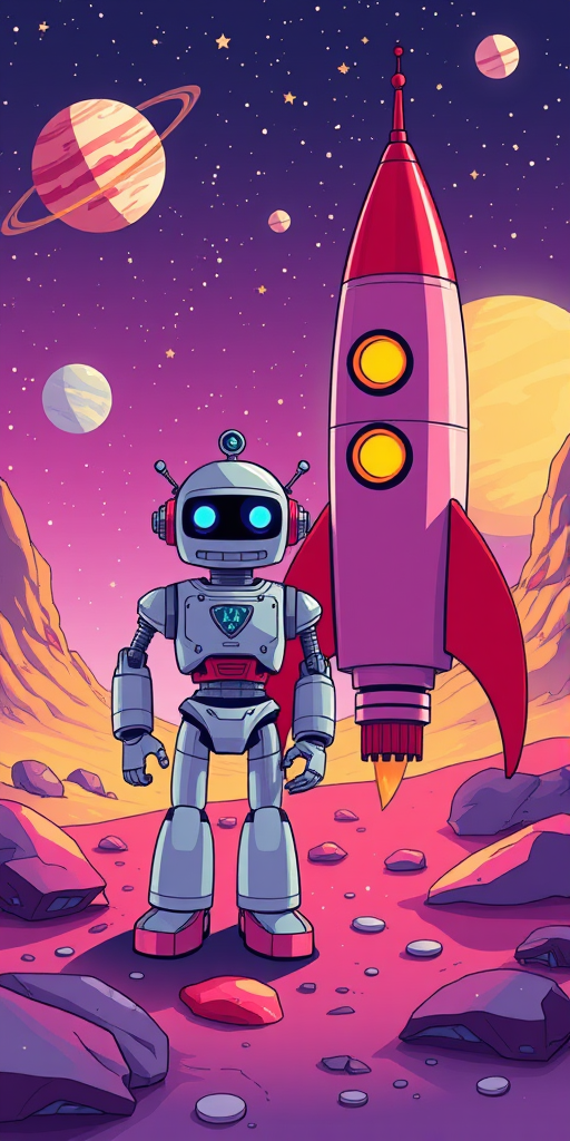 Create a colorful cartoon illustration of a robot standing next to a retro rocket ship on a vibrant alien landscape with stars and a planet in the background, using a Canon EOS R5 with a 24mm lens, f/2.8 aperture, ISO 100, and a wide-angle view for a dynamic perspective.