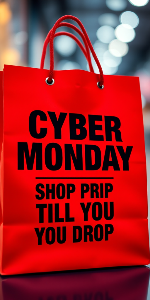 Create a vibrant red shopping bag with the text "CYBER MONDAY" and "SHOP TILL YOU DROP" in bold black letters, use a 50mm lens, f/2.8 aperture, shot from a low angle, with softbox lighting for even illumination, and a DSLR camera for high image quality.
