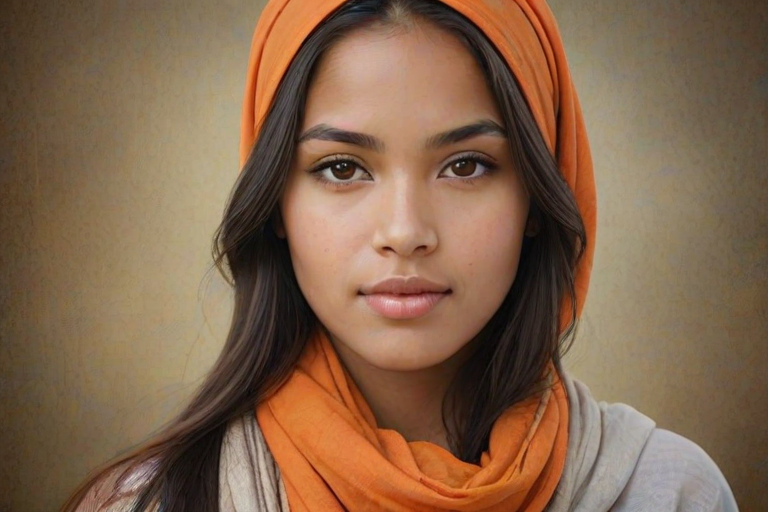 Create a portrait of a young Pacific Islander female with long, dark hair and captivating hazel eyes. She is wearing a orange headscarf and a matching scarf draped gracefully around her neck. The background is softly blurred, focusing attention on her serene and natural expression. The overall color palette is muted and warm, enhancing the intimate and authentic feel of the portrait.