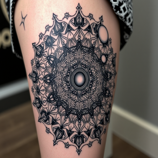 Surrealist blackwork tattoo called "Dreamweaver's Vision" featuring intricate mandala patterns morphing into cosmic imagery with stars and planets, creating a mesmerizing optical illusion on the thigh