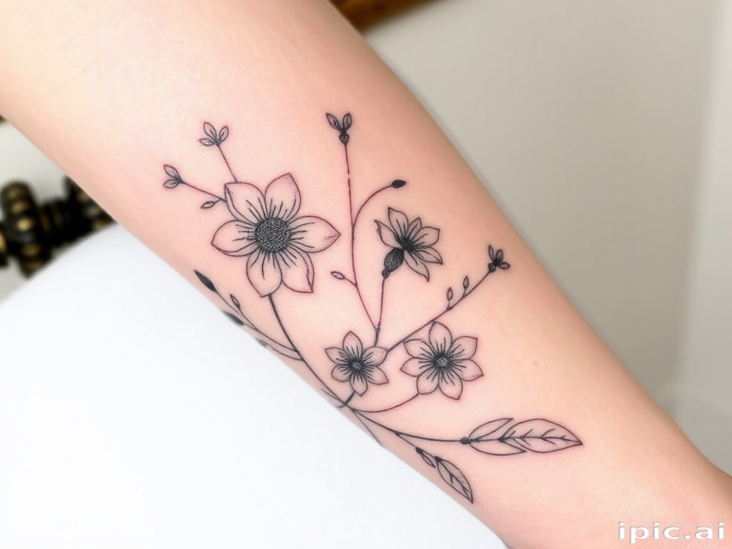 Fine line botanical tattoo titled "Whispers of Flora" depicting delicate flowers and leaves with intricate details and soft shading creating a subtle and elegant nature-inspired design