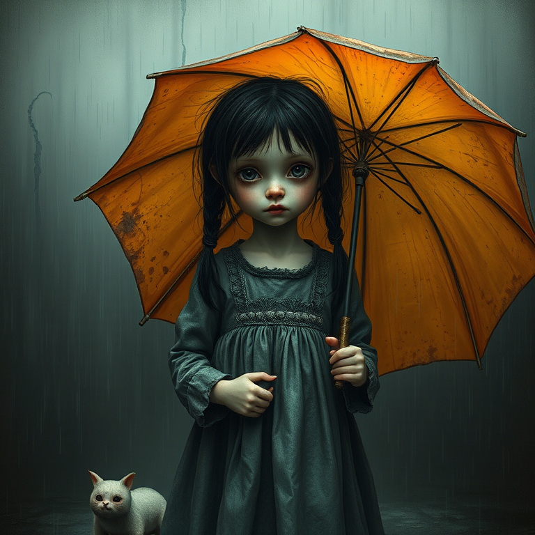 An eerie, weird little girl with dark hair in thin pigtails, wearing a smock dress, standing in the rain, holding a dirty orange umbrella, a small, odd creature beside her. In a surreal style inspired by Nicoletta Ceccoli and Brian Froud. Dark fantasy themes