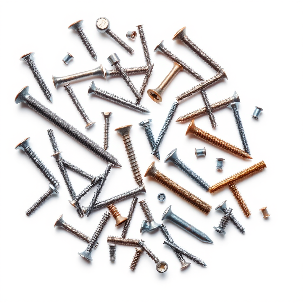 Create a high-resolution vector illustration of assorted nails and screws arranged artistically, using a Canon EOS R5 with a 50mm lens at f/1.8, ISO 100, in natural light, focused view, with a clean white background for contrast.