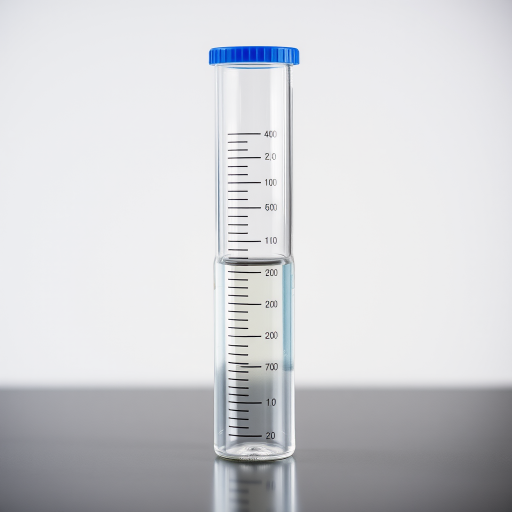 Create a high-resolution image of a clear graduated cylinder with a blue cap, viewed from a slightly elevated angle, using a DSLR camera with a 50mm lens, aperture set to f/2.8, ISO 100, and a soft focus background to enhance detail and clarity.