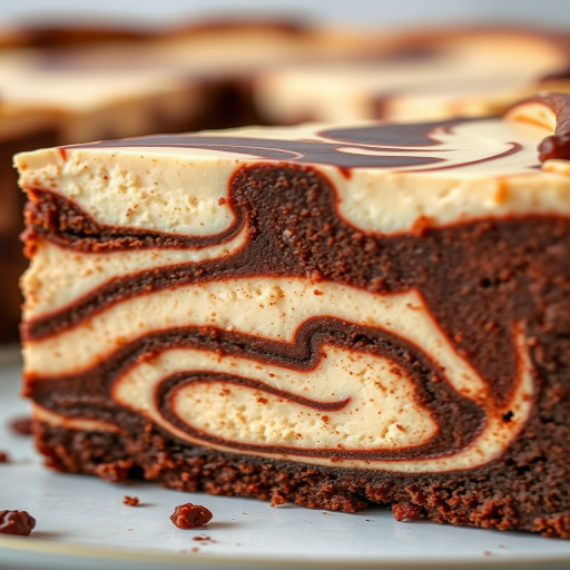 Create an image of a close-up slice of a marbled brownie cheesecake with a smooth creamy top and a rich chocolatey base showing distinct layers and swirls of light and dark chocolate. The edge of the cake should have a textured appearance with a golden-brown crust. The background should be softly blurred to emphasize the dessert.