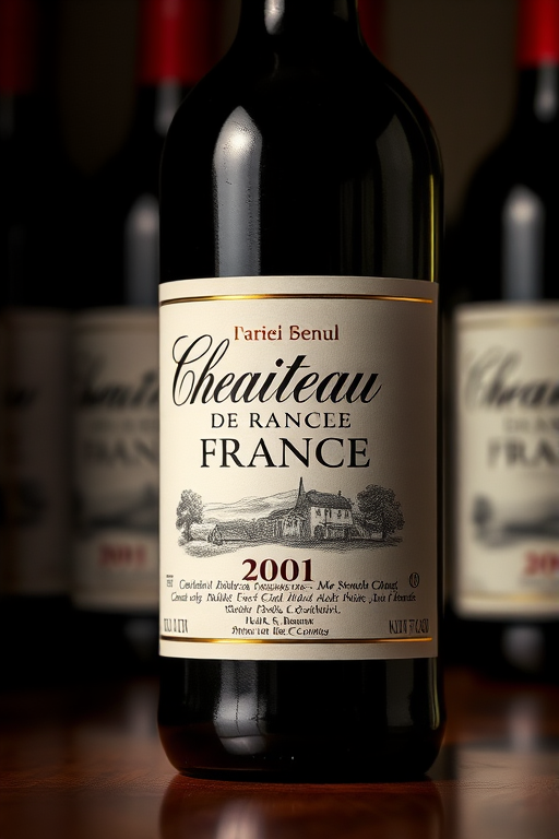 A high-quality image of a wine bottle labeled "ChateaudeFrance 2001" with a detailed illustration on the label, captured using a Canon EOS 5D Mark IV with a 50mm lens at f/2.8, ISO 100, and a softbox light setup to enhance reflections and textures.