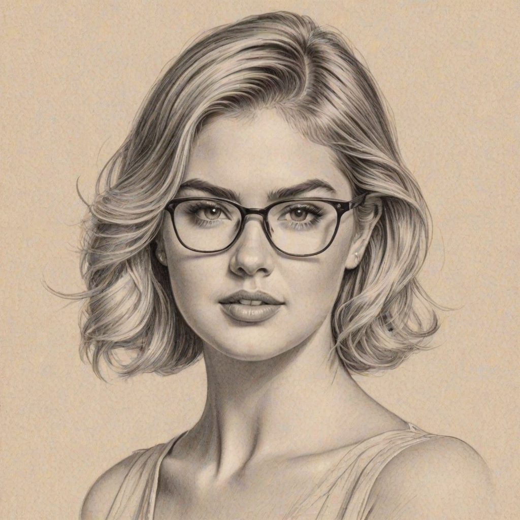 Enticing Kate Upton, pencil sketch, portrait of Enticing woman 1928s in glasses, hair style beatnik, outline, clear lines, fine lines, 8k