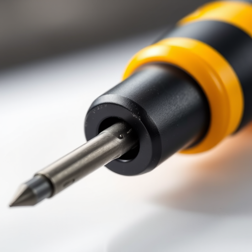 Create a high-resolution image of a screwdriver with a black and yellow handle, using a macro lens at f/2.8, 1/125 sec shutter speed, ISO 100, side view, in natural light for enhanced details and clarity.