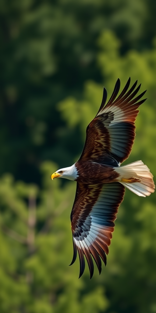 Eagle in mid-flight, captured with a Canon EOS 5D Mark IV, 300mm lens, f/4 aperture, 1/2000 sec shutter speed, ISO 400, natural light, shallow depth of field, vibrant greenery in the background.