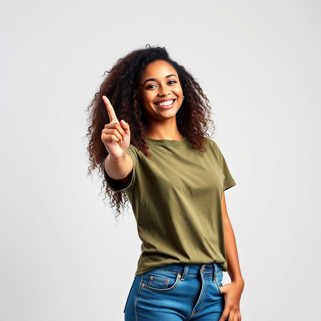 Create a portrait of a young woman with curly hair, wearing an olive green t-shirt and blue jeans, pointing upwards with a smile, captured in a well-lit studio setting, using a Canon EOS R5 with a 50mm lens, aperture set at f/1.8, ISO 100, and a softbox for even lighting.