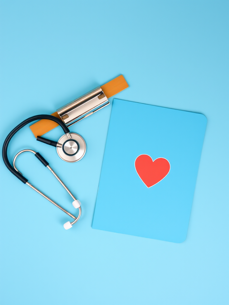 A stethoscope next to a medical clipboard with a heart logo on a bright blue background, captured with a Canon EOS 5D, 50mm lens, f/2.8 aperture, ISO 100, shot in a flat lay style for a clear and vibrant image.