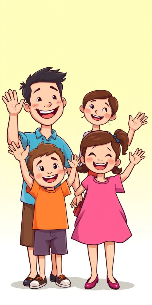 Create a vibrant illustration of a happy family with four cartoon characters: a smiling father in a blue shirt and brown shorts, a cheerful mother in a pink dress, and two kids, one boy in an orange shirt with shorts and one girl in a purple dress, all waving and filled with joy, using a digital art style with bright colors and clean lines, captured in a high-resolution format at 300 DPI with a wide-angle view for a dynamic composition.