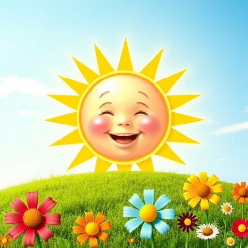 Create an image shows a bright, sun with a smiling baby's face in the center, radiating soft yellow rays. The sun is set against a clear blue sky with a few wispy clouds. Below, there's a lush green grassy hill with colorful, oversized flowers, giving the scene a whimsical, playful atmosphere.