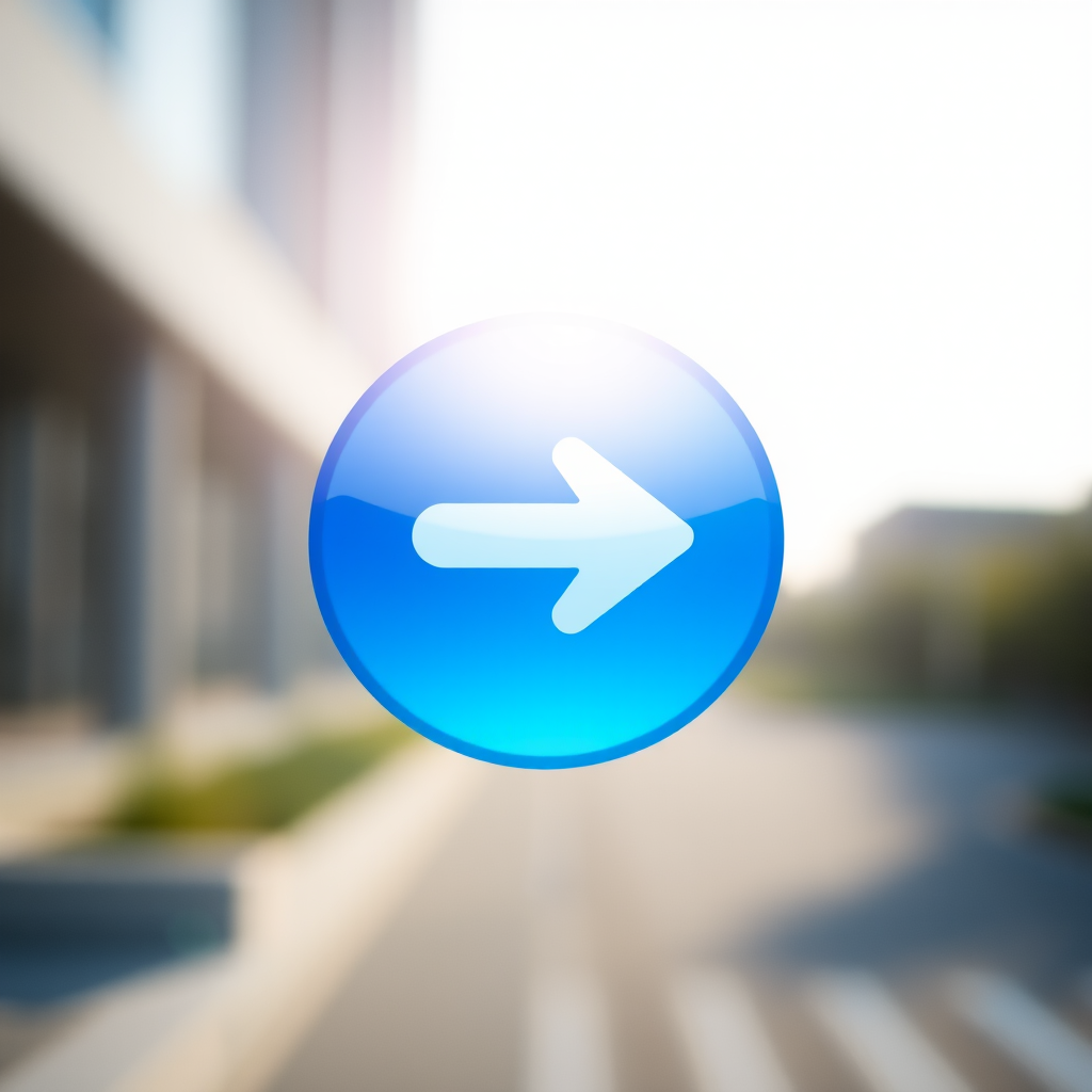 Create a high-resolution image of a blue circular icon featuring a right arrow, using a 50mm lens, f/2.8 aperture, ISO 100, shot in natural lighting at a 45-degree angle with a shallow depth of field.