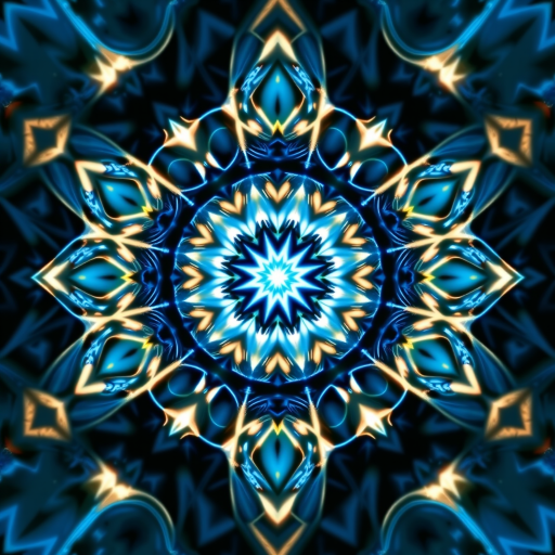 create a detailed, high-resolution fractal pattern with a blue color scheme, incorporating intricate geometric shapes and luminous points of light, using a Canon EOS 5D Mark IV, f/8 aperture, 30-second exposure, ISO 100, shot from a top-down perspective to capture the symmetry and depth.