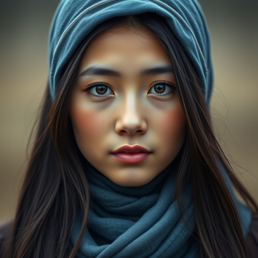 Create a portrait of a young Mongolian woman with long, dark hair and captivating hazel eyes. She is wearing a blue headscarf and a matching scarf draped gracefully around her neck. The background is softly blurred, focusing attention on her serene and natural expression. The overall color palette is muted and warm, enhancing the intimate and authentic feel of the portrait.