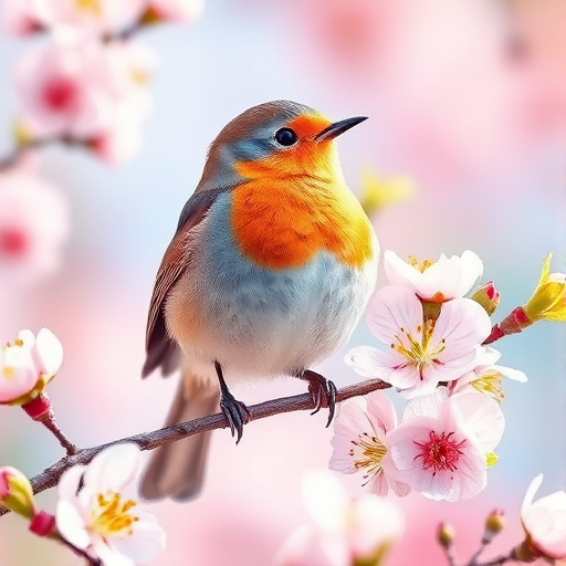 Create a watercolor painting of a robin perched on a branch surrounded by blooming flowers, soft pastel colors, natural light, shallow depth of field, using a DSLR camera, f/4 aperture, 50mm lens, ISO 200, vibrant color palette, emphasis on texture and detail in the feathers and petals.