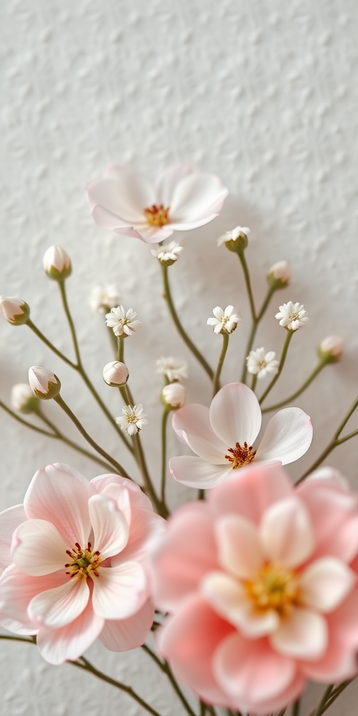 Generate a high-resolution image of delicate floral designs with soft pastel colors and textured backgrounds, using a Canon EOS R5 camera, 50mm lens, aperture f/2.8, ISO 100, and a natural light setting for enhanced softness and detail.