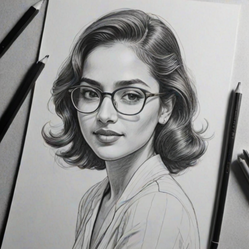 Dazzling Summer Bishil, pencil sketch, portrait of Radiant woman 1941s in glasses, hair style beatnik, outline, clear lines, fine lines, 8k
