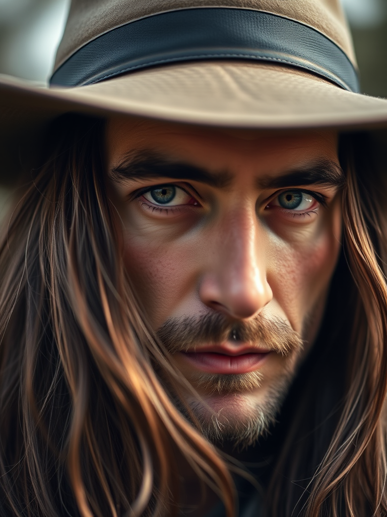 Create a portrait of a man with long hair and a hat, expression contemplative, with a soft focus and dreamlike quality, shot with a Canon EOS R5, 50mm lens, f/1.8 aperture, ISO 200, in natural light, using a shallow depth of field to enhance bokeh and texture.