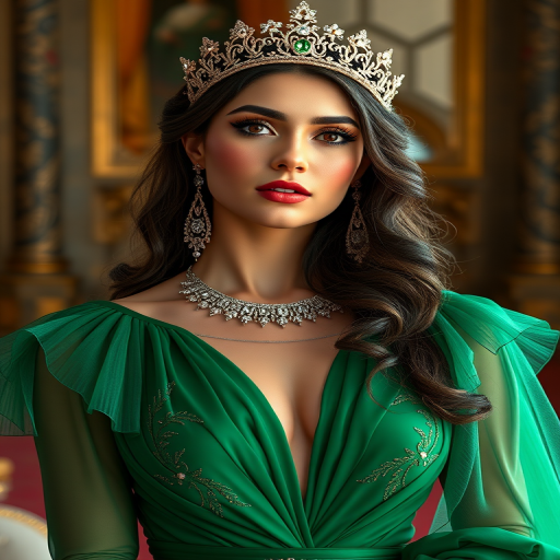A gorgeous Chaldean woman in a luxurious green gown, accessorized with a dazzling tiara and statement earrings, her deep red eyes highlighted by impeccable makeup, poised in a royal setting, photorealistic, 8K quality