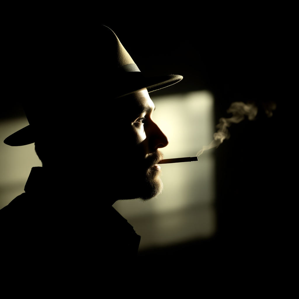 Create a high-resolution silhouette image of a man wearing a fedora with a cigarette, shot with a Canon EOS R5, 50mm lens, aperture set to f/1.8, ISO 100, in soft natural light, side profile view.