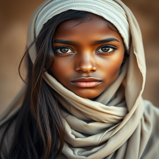 Create a portrait of a young Nubian female with long, dark hair and captivating hazel eyes. She is wearing a white headscarf and a matching scarf draped gracefully around her neck. The background is softly blurred, focusing attention on her serene and natural expression. The overall color palette is muted and warm, enhancing the intimate and authentic feel of the portrait.