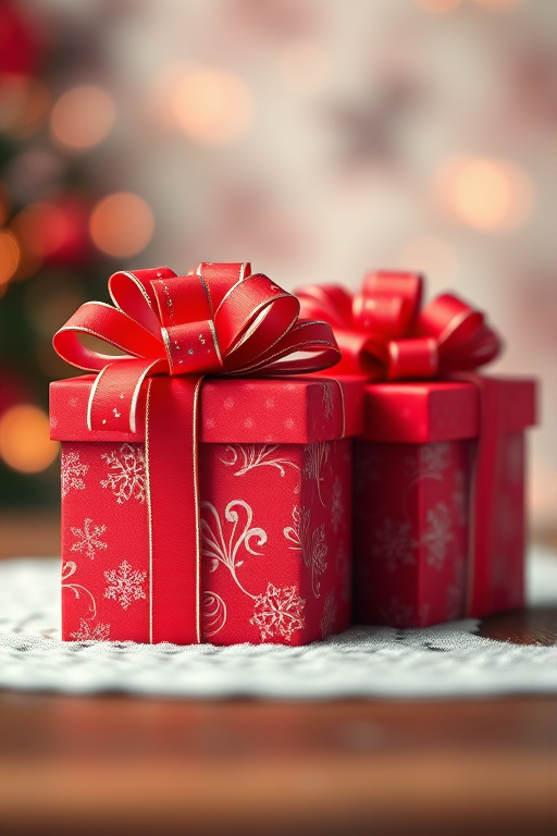 create a digital illustration of two festive red gift boxes with decorative bows, intricate patterns, and a shiny finish, use a soft-focus background to enhance depth, camera settings: f/2.8 aperture, 1/125 sec shutter speed, ISO 100, use a macro lens with a frontal view, employ vibrant color saturation and high contrast for visual impact.