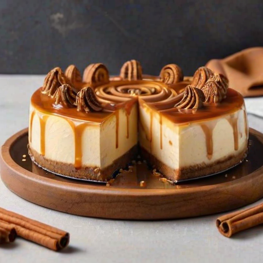 Create an image of a layered cheesecake with a smooth caramel topping. The cheesecake has three distinct layers in shades of caramel, cream, and brown. The top is decorated with a swirl of caramel and small golden sprinkles. The cheesecake is set on a wooden serving board, surrounded by cinnamon sticks and small decorative elements.