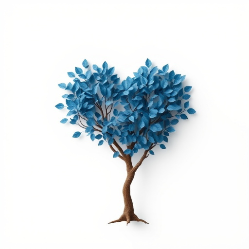 Create a digital illustration of a heart-shaped tree with blue leaves against a white background, using a Canon EOS 5D Mark IV, 50mm lens, aperture f/8, ISO 100, with a clean, minimalistic style and high-resolution quality.